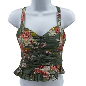 BOG Collective Crop Top SZ M Sage Blush Smocked Floral Ruffle Hem Ruched Stretch